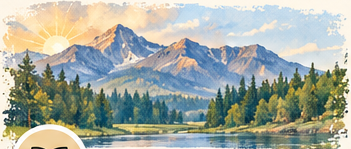 Watercolor mountains and a peaceful lake